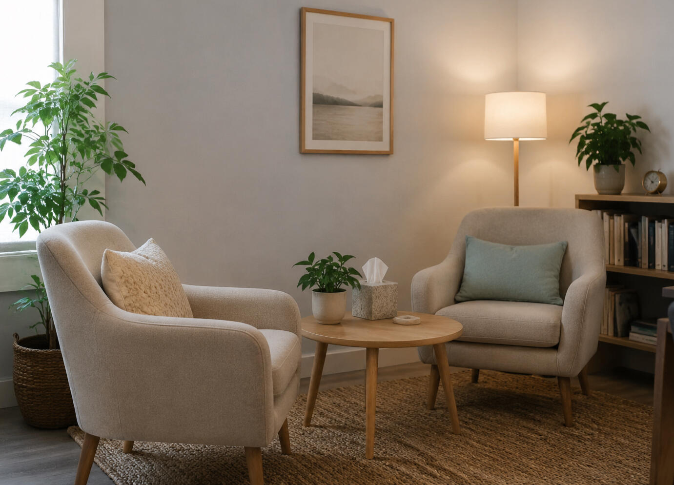 Two comfortable armchairs with soft cushions beside a wooden coffee table with a plant and tissues, in a warmly lit therapy room.