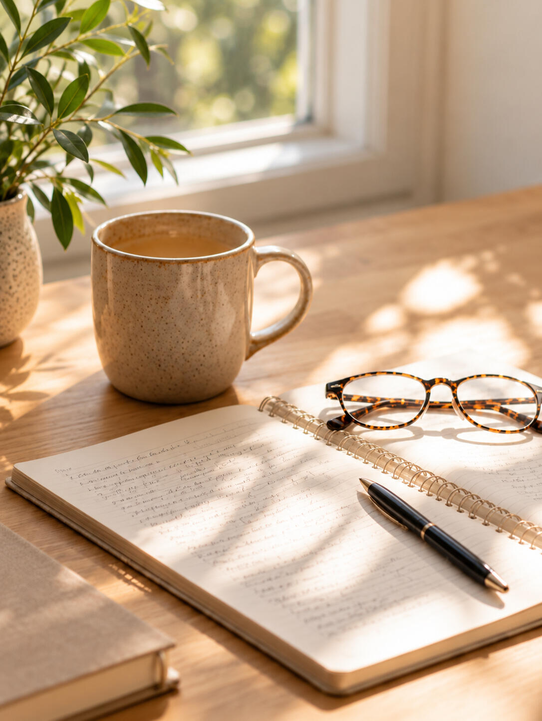 Open notebook with a pen, glasses and a coffee mug on a wooden desk beside a sunlit window.