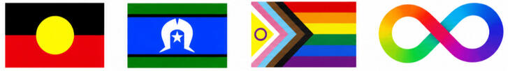 Aboriginal flag, Torres Strait Islander flag, Progress Pride flag and rainbow infinity symbol representing neurodiversity.