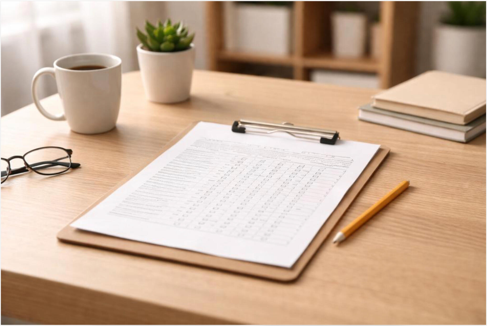 Wooden desk with a clipboard containing assessment paperwork, a coffee cup, glasses and a small potted plant.