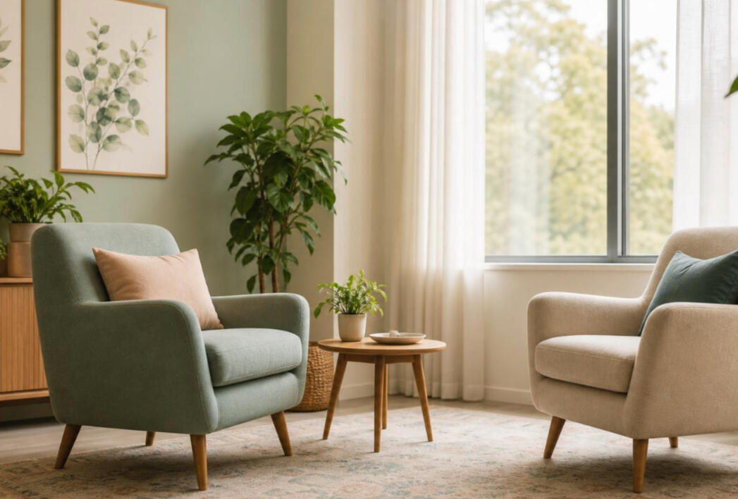 Calm consulting room with a sage green armchair, soft furnishings, plants and natural light.