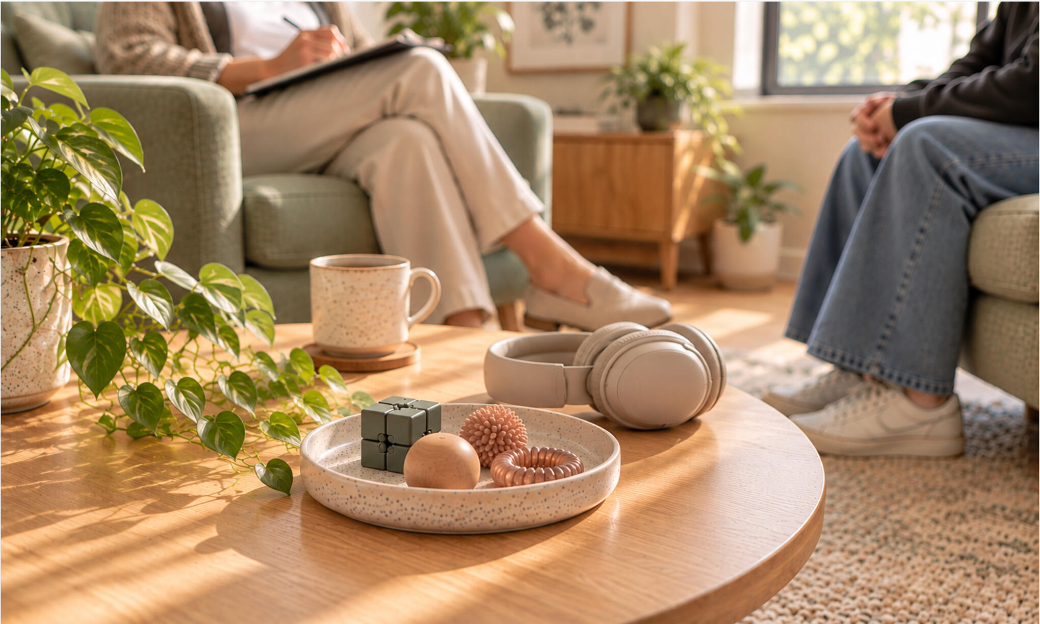 Sensory tools and noise-reducing headphones arranged on a coffee table in a calm, naturally lit therapy room.