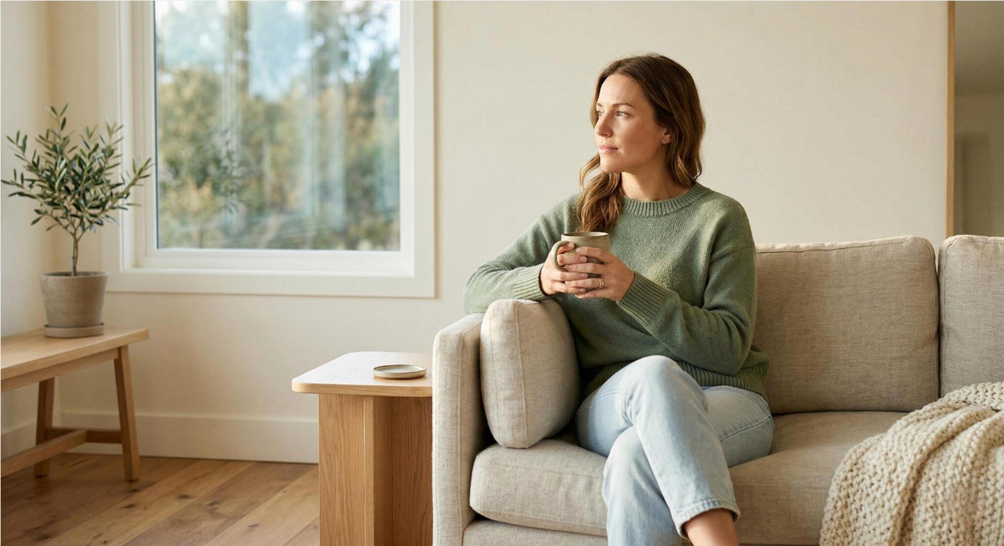 Woman sitting comfortably beside a window in a peaceful, naturally lit room.